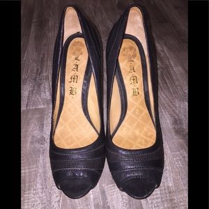 L.A.M.B. Black Leather Open Toe Pumps Women’s 9.5